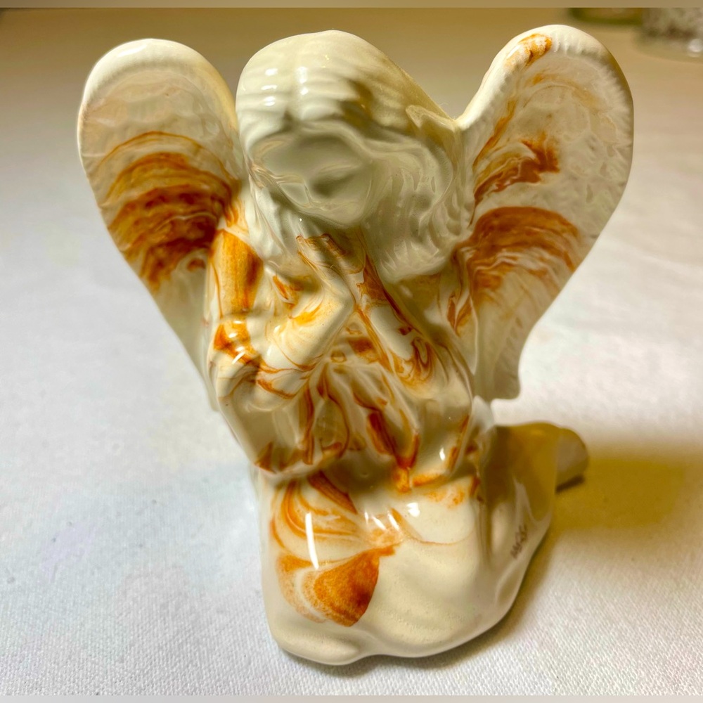 Alabama Clay Small Seating Angel Figurine Orange swirl Marble Porcelain